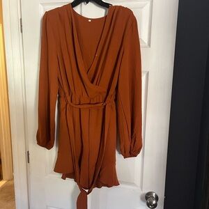 Rust Orange Long Sleeve Wrap Romper